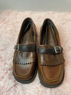 Predictions Brown Leather Fringe Loafers with Dark Brown Strap
